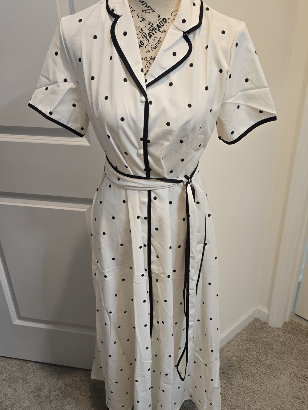 Polka Dot Midi Shirt Dress with Waist Tie - White/Black